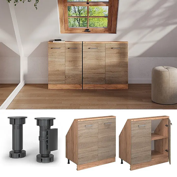 Vicco Schrankküche R-Line Sonoma mit 2 Türen - Sonoma, Dachschrägenschrank 80cm - Helles Holzmaserung-Schrank mit Naturholz-Akzenten, für Dachschrägen konzipiert, mit verstellbaren Füßen gezeigt.