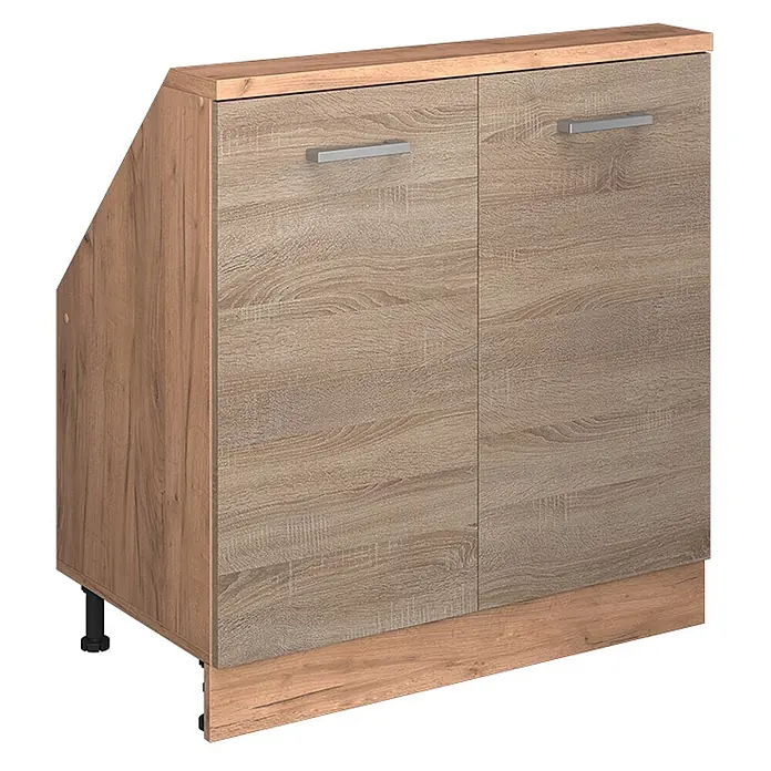 Vicco Schrankküche R-Line Sonoma mit 2 Türen - Sonoma, Dachschrägenschrank 80cm - Heller Holz-Unterschrank mit zwei Türen, silbernen Griffen und abgeschrägter Seite.