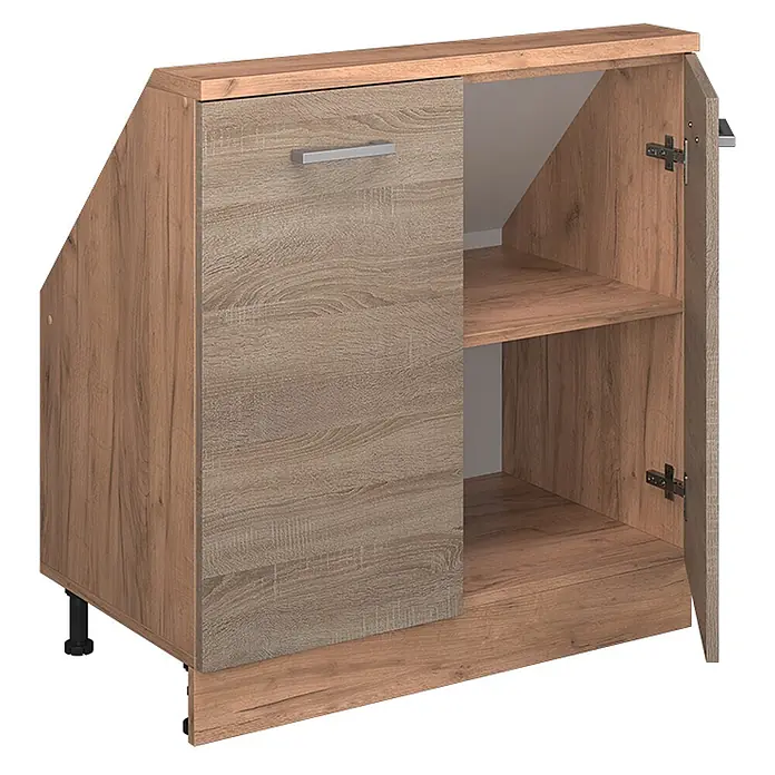 Vicco Schrankküche R-Line Sonoma mit 2 Türen - Sonoma, Dachschrägenschrank 80cm - Hellbrauner Schrank in Holzoptik mit schräger Seite, Tür und offenem Regal, ideal für Stauraum unter Treppen.