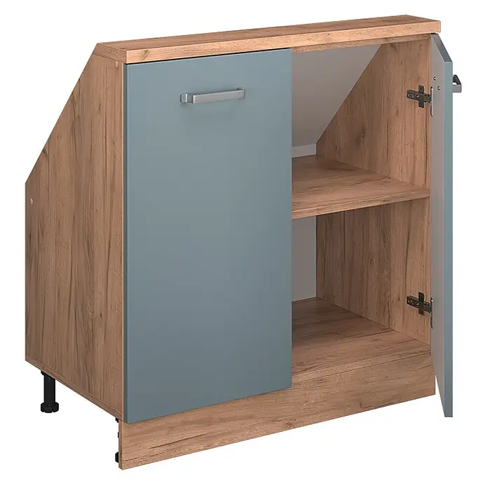 Vicco Schrankküche R-Line Blau-Grau mit 2 Türen - Blau-Grau, Dachschrägenschrank 80cm - Holzoptik-Schrank mit graublauer Tür und offenem Regalfach, für Dachschrägen, auf verstellbaren Füßen.
