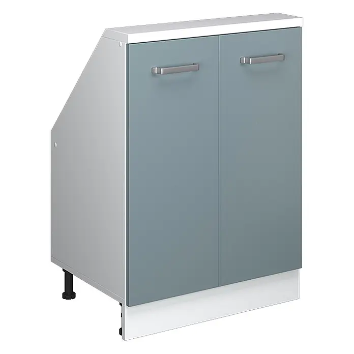 Vicco Schrankküche R-Line Blau-Grau mit 2 Türen - Blau-Grau, Dachschrägenschrank 60cm - Zweitüriger blau-grauer Unterschrank mit weißer Platte, schräger hellgrauer Seite, Metallgriffen und weißer Sockelblende auf verstellbaren Füßen.