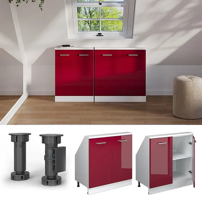 Vicco Schrankküche R-Line Rot Hochglanz/Weiß mit 2 Türen - Rot Hochglanz, Dachschrägenschrank 80cm - Modulare rote Hochglanz-Unterschränke mit weißer Blende, ideal für Dachschrägen. Inklusive Nahaufnahmen verstellbarer Füße.