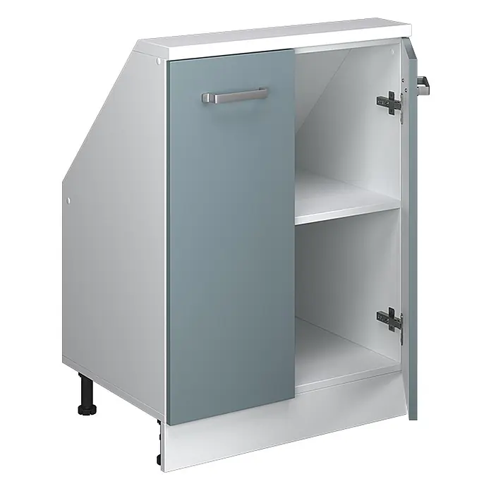 Vicco Schrankküche R-Line Blau-Grau mit 2 Türen - Blau-Grau, Dachschrägenschrank 60cm - Weißer Unterschrank mit schräger Seite, blaugrauer Tür, silbernem Griff und Innenfächern auf verstellbaren Füßen.