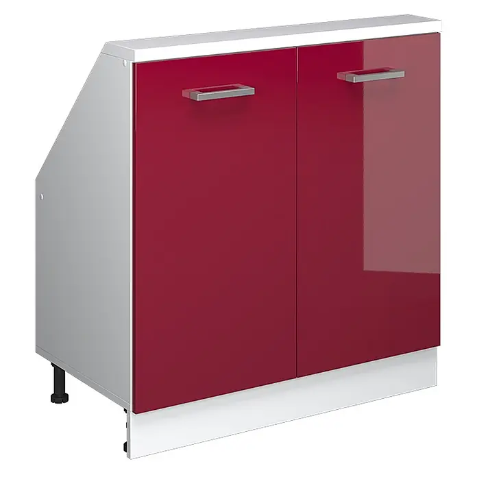 Vicco Schrankküche R-Line Rot Hochglanz/Weiß mit 2 Türen - Rot Hochglanz, Dachschrägenschrank 80cm - Roter Hochglanz-Küchenunterschrank mit zwei Türen, silbernen Griffen, weißer Arbeitsplatte und schräger grauer Seitenwand.