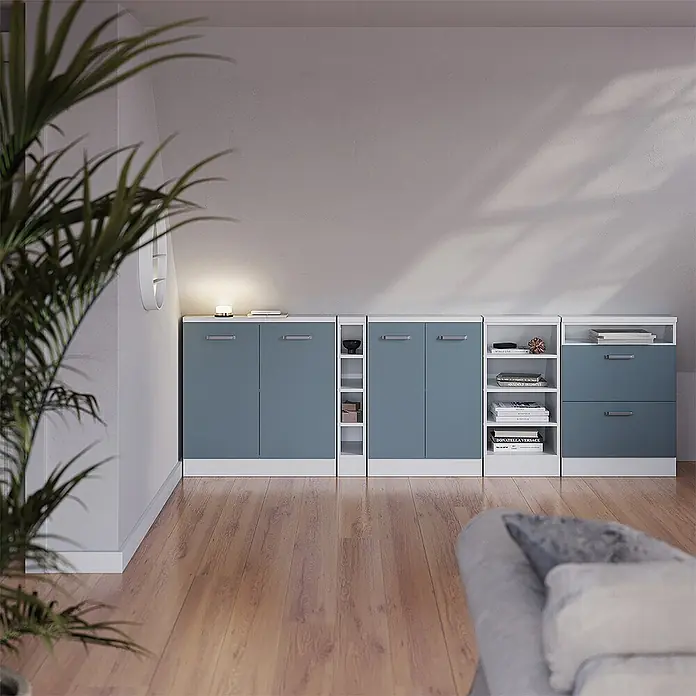 Vicco Schrankküche R-Line Blau-Grau mit 2 Türen - Blau-Grau, Dachschrägenschrank 60cm - Langes, modulares Aufbewahrungssystem mit blaugrauen Türen und weißen Regalen, Schränken und offenen Fächern, in einem Wohnraum.