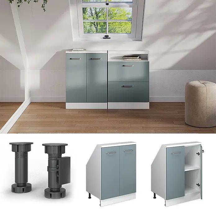 Vicco Schrankküche R-Line Blau-Grau mit 2 Türen - Blau-Grau, Dachschrägenschrank 60cm - Modulare blaugraue Schränke mit weißen Platten, ideal für Dachschrägen oder unter geneigten Decken, bieten Stauraum.