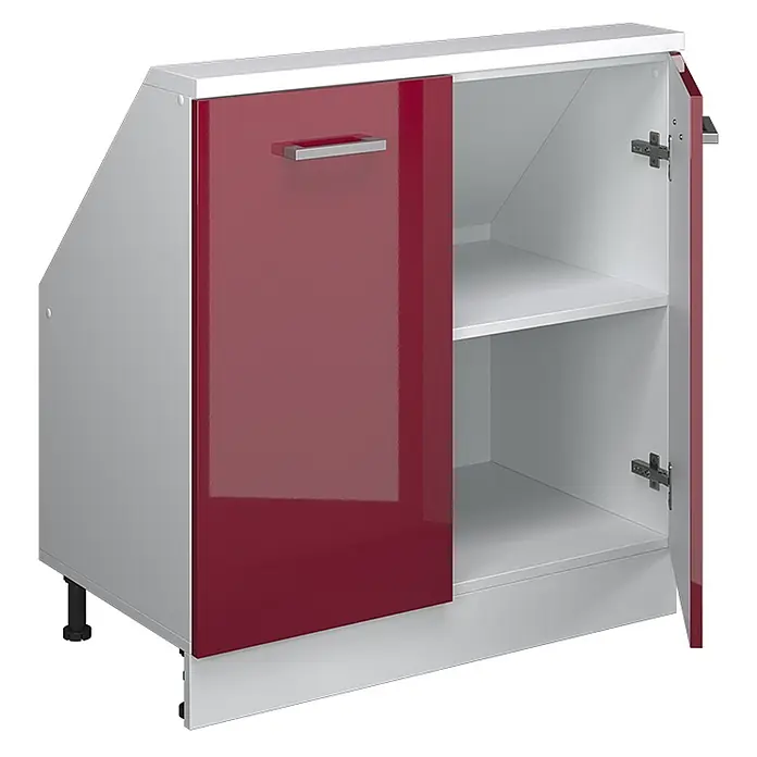 Vicco Schrankküche R-Line Rot Hochglanz/Weiß mit 2 Türen - Rot Hochglanz, Dachschrägenschrank 80cm - Rot-weißer Unterschrank mit abgeschrägter linker Seite, offenem Fach mit Einlegeboden und glänzender roter Tür.