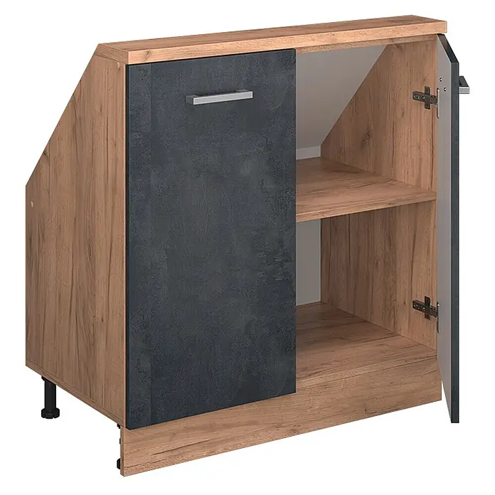 Vicco Küchenschrank für Dachschrägen R-Line, Schwarz Beton, 80 cm -  - Schrank in Holzoptik mit dunkelgrauer Tür, offenem Fach und Dachschräge, ideal für Dachböden.