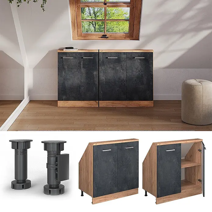Vicco Küchenschrank für Dachschrägen R-Line, Schwarz Beton, 80 cm -  - Zwei dunkelgraue und Holz-Stauschränke, für Dachschrägen konzipiert, in einem Dachzimmer.
