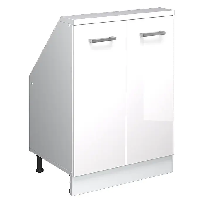 Vicco Schrankküche R-Line Weiß Hochglanz mit 2 Türen - Weiß Hochglanz, Dachschrägenschrank 60cm - Weißer Spülunterschrank mit zwei glänzenden Türen, silbernen Griffen und schräger Rückseite für Rohre.