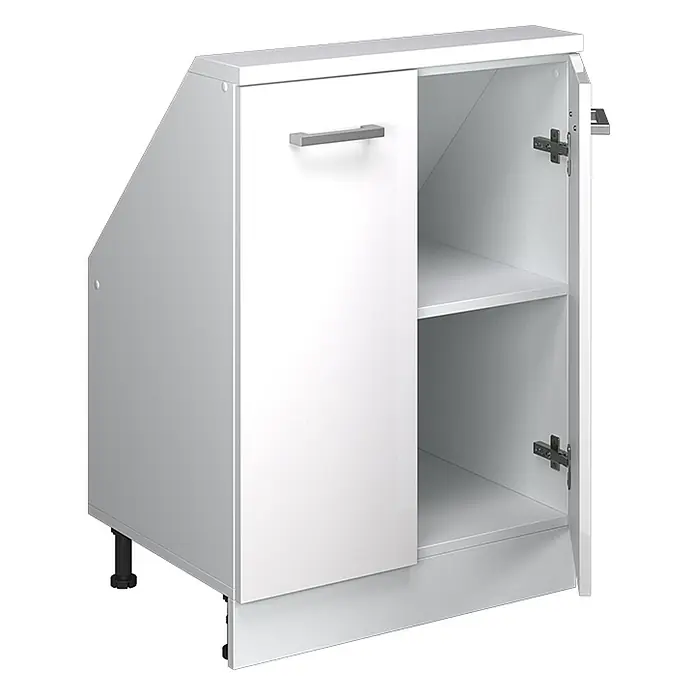 Vicco Schrankküche R-Line Weiß Hochglanz mit 2 Türen - Weiß Hochglanz, Dachschrägenschrank 60cm - Weißer Eckunterschrank mit offener Tür, Einlegeboden und verstellbaren Füßen.