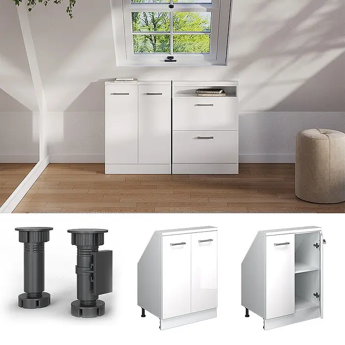 Vicco Schrankküche R-Line Weiß Hochglanz mit 2 Türen - Weiß Hochglanz, Dachschrägenschrank 60cm - Weiße Hochglanz-Modulschränke mit Schrägen, einer mit Türen, einer mit offenem Regal und Schubladen.