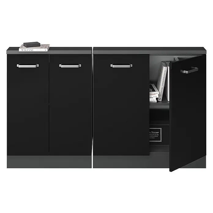 Vicco Schrankküche R-Line Schwarz Hochglanz 2er Set - Schwarz Hochglanz, Dachschrägenzeile 140cm - Schwarzer Büroschrank mit grauer Platte, eine Tür offen zeigt Bücher und Boxen.