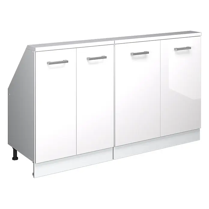 Vicco Schrankküche R-Line Weiß Hochglanz 2er Set - Weiß Hochglanz, Dachschrägenzeile 140cm - Weißer Hochglanz-Schrank mit mehreren Türen, silbernen Griffen und schräger linker Seite zur Aufbewahrung.