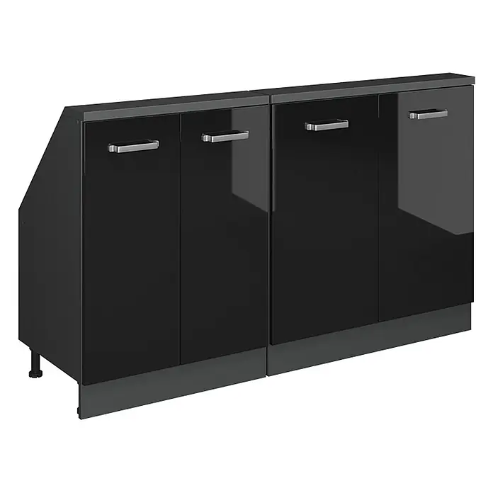 Vicco Schrankküche R-Line Schwarz Hochglanz 2er Set - Schwarz Hochglanz, Dachschrägenzeile 140cm - Schwarzer Hochglanz-Küchenunterschrank mit Chromgriffen und dunkelgrauem Sockel.