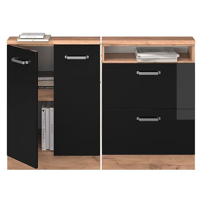 Vicco Küchenschrank für Dachschrägen R-Line, Schwarz Hochglanz, 120 cm -  - Schwarzer und hellbrauner Holz-Look-Aufbewahrungsschrank mit zwei Türen, einem offenen Regal und zwei Schubladen mit silbernen Griffen.