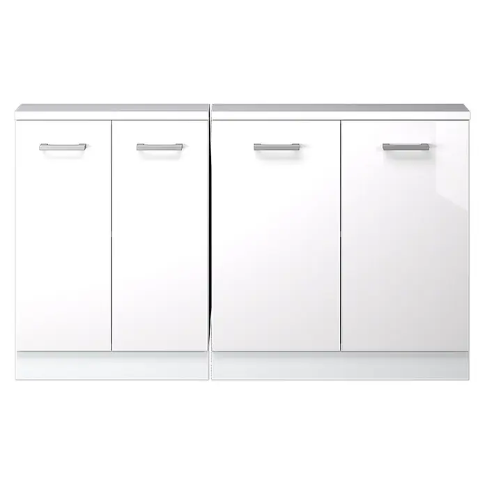 Vicco Schrankküche R-Line Weiß Hochglanz 2er Set - Weiß Hochglanz, Dachschrägenzeile 140cm - Zwei weiße glänzende Aufbewahrungsschränke nebeneinander, jeder mit zwei Türen und silbernen horizontalen Griffen.