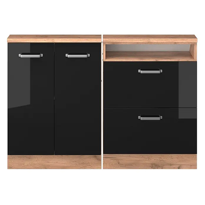 Vicco Küchenschrank für Dachschrägen R-Line, Schwarz Hochglanz, 120 cm -  - Schwarzer Hochglanz-Schrank mit zwei Türen, zwei Schubladen und offenem Fach, mit hellen Holzdetails und silbernen Griffen.