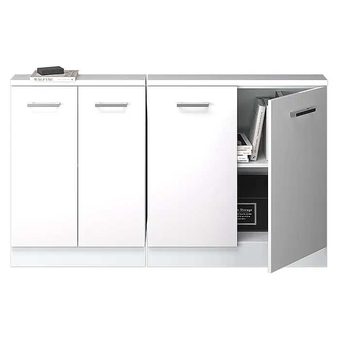 Vicco Schrankküche R-Line Weiß Hochglanz 2er Set - Weiß Hochglanz, Dachschrägenzeile 140cm - Weißer Aufbewahrungsschrank mit silbernen Griffen. Eine Tür ist offen und zeigt Bücher und eine schwarze Box im Inneren.
