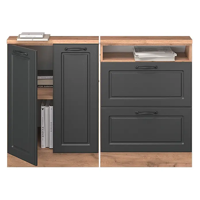 Vicco Küchenschrank für Dachschrägen R-Line, Anthrazit Landhaus, 120 cm -  - Dunkelgraues Sideboard mit Eichenplatte, Türen, offenem Fach und zwei Schubladen. Schwarze Griffe, Bücher innen.