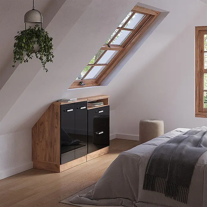 Vicco Küchenschrank für Dachschrägen R-Line, Schwarz Hochglanz, 120 cm -  - Maßgeschneiderter Holzschrank mit schwarzen Hochglanztüren, für Dachschrägen konzipiert.