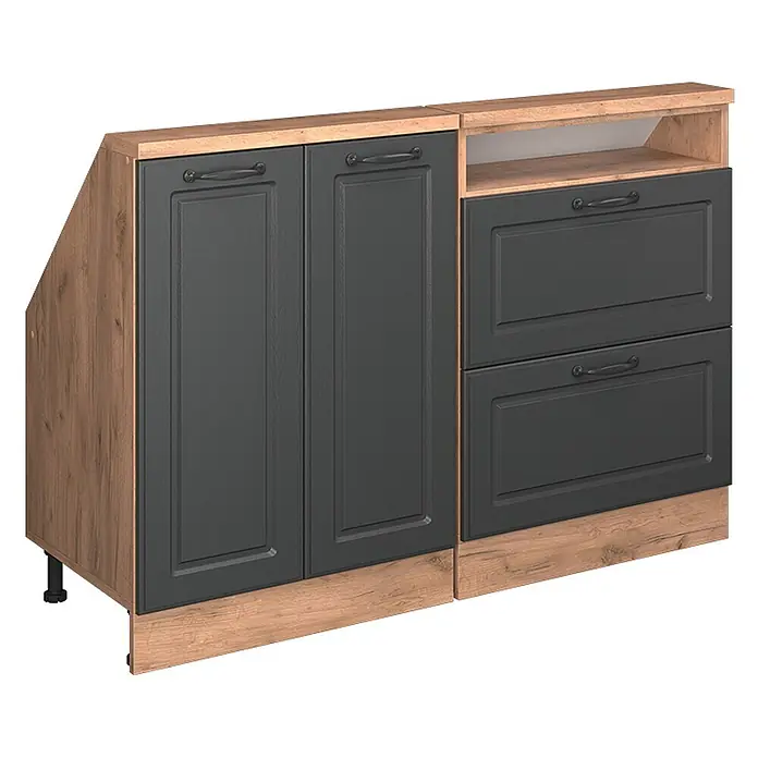 Vicco Küchenschrank für Dachschrägen R-Line, Anthrazit Landhaus, 120 cm -  - Zweifarbiger Küchenunterschrank in Dunkelgrau und heller Holzoptik mit zwei Türen, zwei Schubladen und einem offenen Fach.