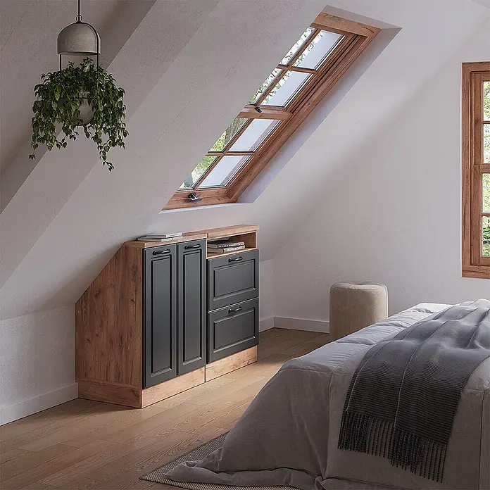 Vicco Küchenschrank für Dachschrägen R-Line, Anthrazit Landhaus, 120 cm -  - Dachbodenschrank mit dunkelgrauen Türen/Schubladen und Holzrahmen, maßgefertigt unter einer Dachschräge.