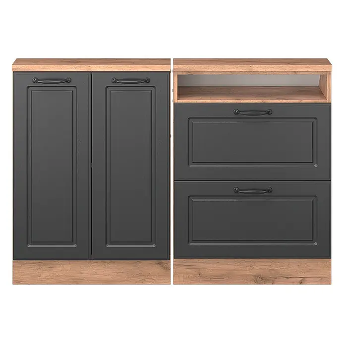 Vicco Küchenschrank für Dachschrägen R-Line, Anthrazit Landhaus, 120 cm -  - Zwei dunkelgraue Aufbewahrungsschränke mit Holzoptik-Oberflächen und -Sockeln; einer mit Doppeltüren, der andere mit zwei Schubladen und einem offenen Fach.