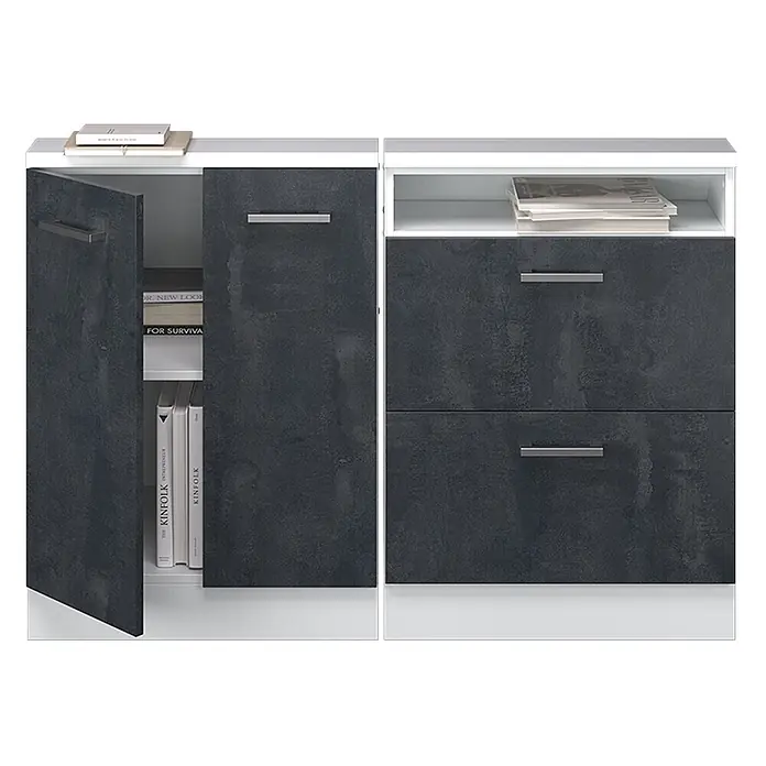 Vicco Schrankküche R-Line Schwarz Beton 2er Set - Schwarz Beton, Dachschrägenzeile 120cm - Dunkelgraue und weiße Kommode: links, offener Schrank mit Büchern; rechts, offenes Regal über zwei Schubladen.