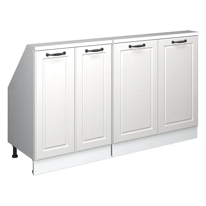 Vicco Schrankküche R-Line Weiß Landhaus 2er Set - Weiß Landhaus, Dachschrägenzeile 140cm - Weiße Küchenunterschränke mit schwarzen Griffen und Sockel.