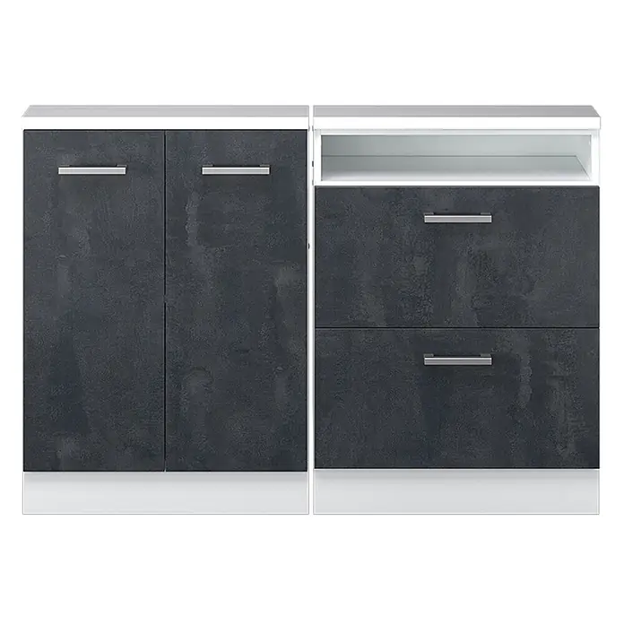 Vicco Schrankküche R-Line Schwarz Beton 2er Set - Schwarz Beton, Dachschrägenzeile 120cm - Dunkelgrauer und weißer Schrank mit zwei Türen, offenem Fach und zwei Schubladen, mit silbernen Griffen.
