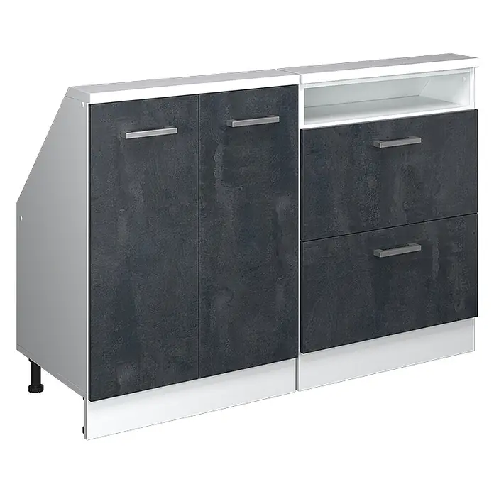 Vicco Schrankküche R-Line Schwarz Beton 2er Set - Schwarz Beton, Dachschrägenzeile 120cm - Zweiteiliger Schrank mit dunkelgrauen strukturierten Fronten und weißem Korpus. Mit zwei Türen, offenem Fach und zwei Schubladen, silberfarbene Griffe.