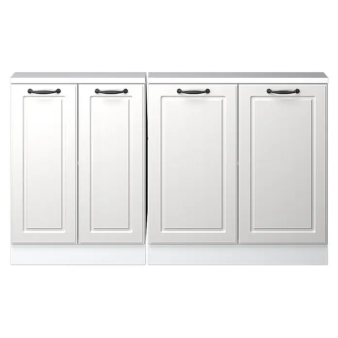 Vicco Schrankküche R-Line Weiß Landhaus 2er Set - Weiß Landhaus, Dachschrägenzeile 140cm - Zwei weiße Schränke, jeweils mit zwei Kassettentüren und schwarzen Griffen.