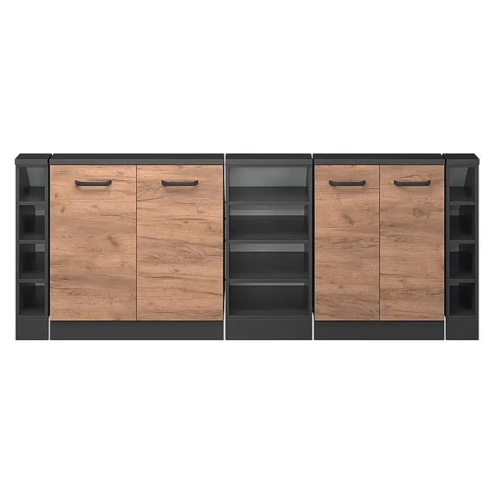 Vicco Schrankküche R-Line Goldkraft Eiche 5er Set - Goldkraft Eiche, Dachschrägenzeile 210cm - Modulares Sideboard in Anthrazit und Holzoptik mit Schränken und offenen Fächern.