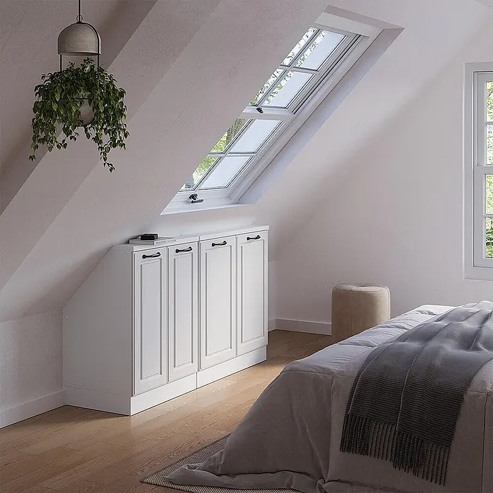 Vicco Schrankküche R-Line Weiß Landhaus 2er Set - Weiß Landhaus, Dachschrägenzeile 140cm - Weißer Stauraumschrank mit schwarzen Griffen, perfekt für Dachschrägen, bietet diskreten Stauraum.