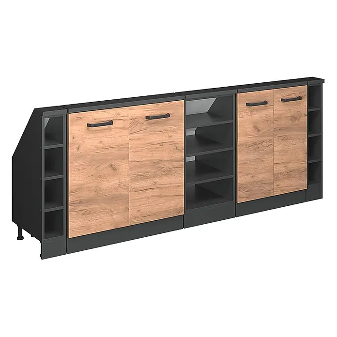 Vicco Schrankküche R-Line Goldkraft Eiche 5er Set - Goldkraft Eiche, Dachschrägenzeile 210cm - Modulares Sideboard in Dunkelgrau und Holzoptik mit Türen, offenen Fächern und einer abgeschrägten Seite.