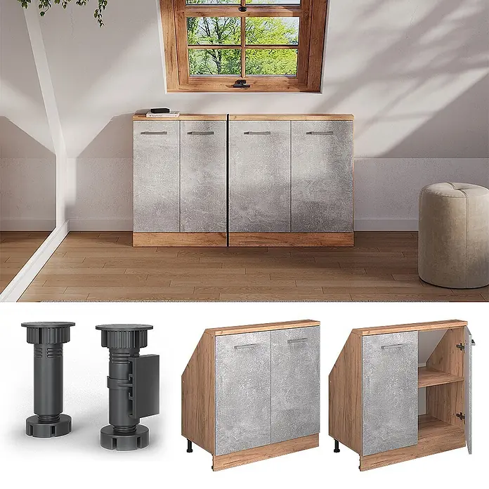Vicco Schrankküche R-Line Beton mit 2 Türen - Beton, Dachschrägenschrank 80cm - Zwei niedrige Dachschrägenschränke mit grauen Betonoptik-Türen, Holzplatten und verstellbaren Füßen.