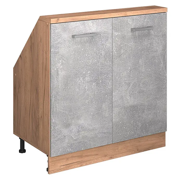 Vicco Schrankküche R-Line Beton mit 2 Türen - Beton, Dachschrägenschrank 80cm - Eckunterschrank mit Holzoptik-Korpus und Betonoptik-Doppeltürfront mit silbernen Griffen, auf verstellbaren Füßen.