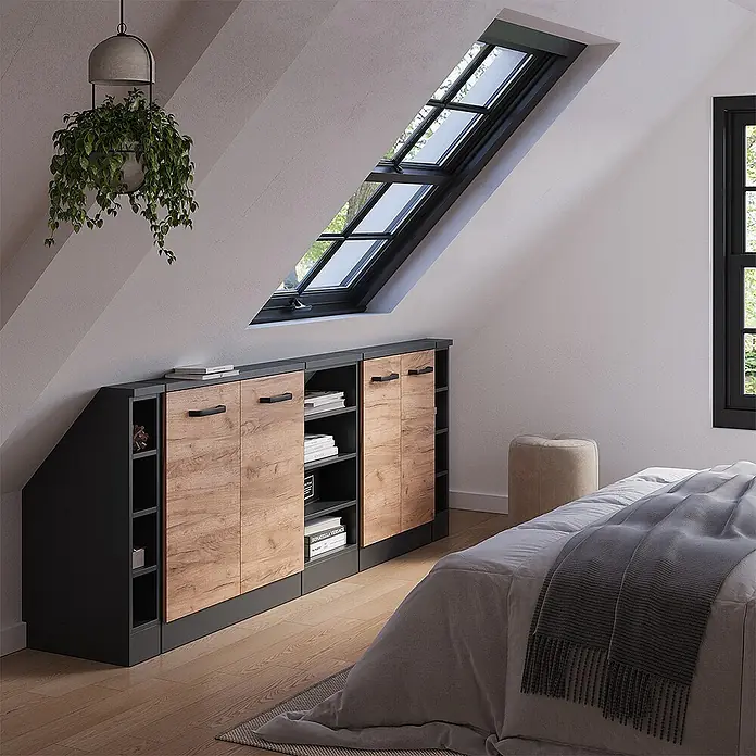 Vicco Schrankküche R-Line Goldkraft Eiche 5er Set - Goldkraft Eiche, Dachschrägenzeile 210cm - Maßgefertigtes schwarzes und helles Holz-Stauraummöbel für Dachschrägen, mit integrierten Regalen und Schränken, im Dachzimmer.