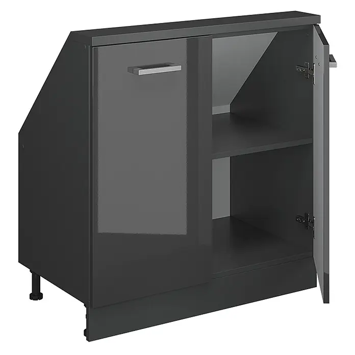 Vicco Küchenschrank für Dachschrägen R-Line, Anthrazit Hochglanz, 80 cm -  - Dunkelgrauer Hochglanz-Unterschrank mit abgeschrägter Rückseite, offener Tür mit zwei Einlegeböden und geschlossener Tür.