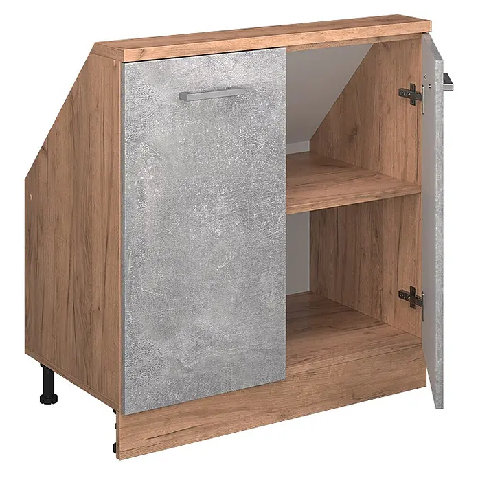 Vicco Schrankküche R-Line Beton mit 2 Türen - Beton, Dachschrägenschrank 80cm - Abgeschrägter Unterschrank in Holzoptik mit Betoneffekt-Tür, Einlegeboden und verstellbaren Füßen.