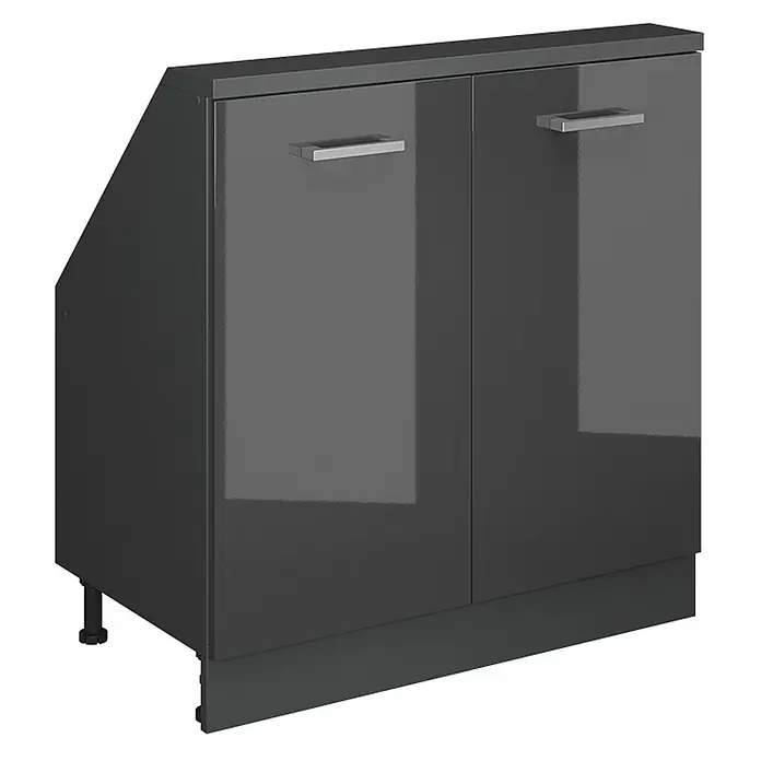 Vicco Küchenschrank für Dachschrägen R-Line, Anthrazit Hochglanz, 80 cm -  - Dunkelgrauer Hochglanz-Küchenunterschrank mit zwei Türen, silbernen Griffen und abgeschrägter Seite.