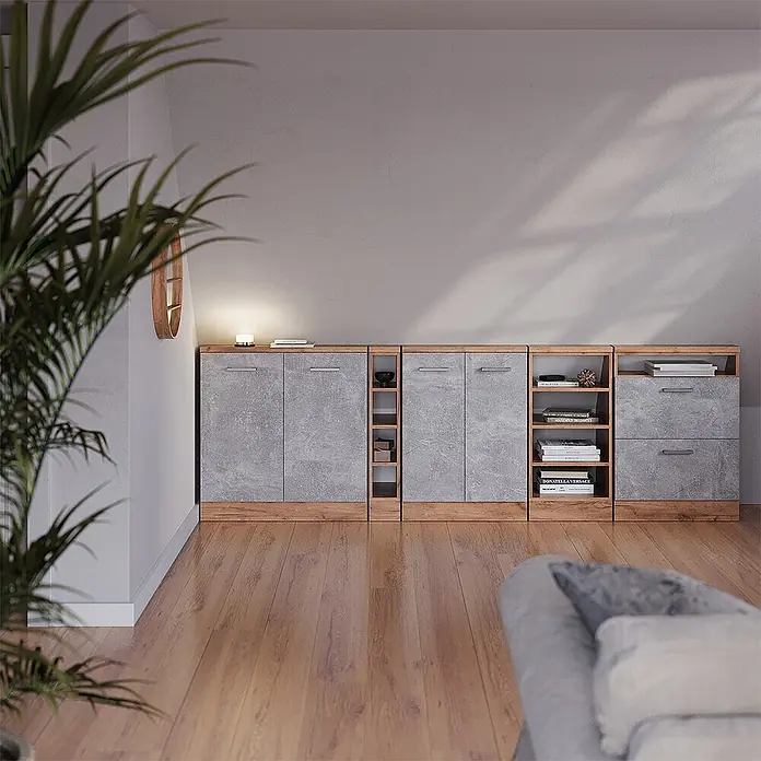 Vicco Schrankküche R-Line Beton mit 2 Türen - Beton, Dachschrägenschrank 80cm - Modulares Schranksystem mit grauen Betonoptik-Türen, Schubladen und Holzrahmen, mit offenen Regalen.