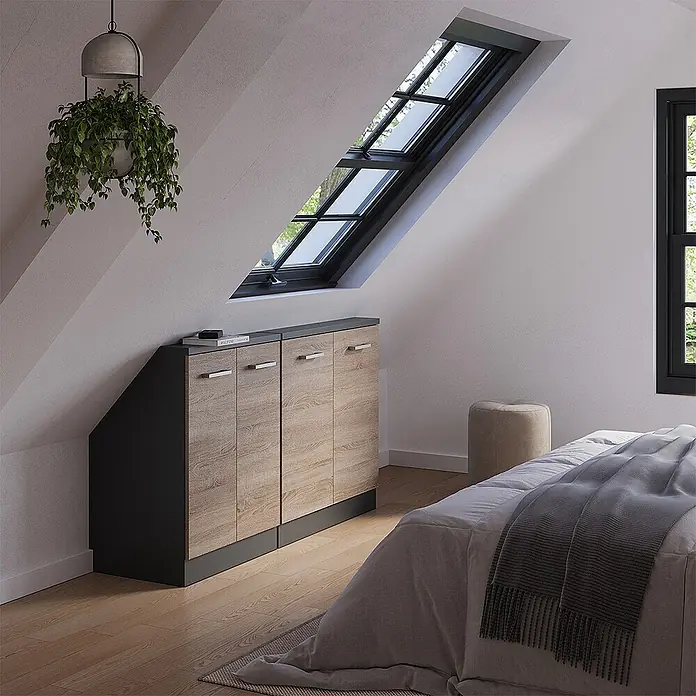 Vicco Schrankküche R-Line Sonoma 2er Set - Sonoma, Dachschrägenzeile 140cm - Moderne Dachschrägen-Schränke mit hellen Holzfronten und dunkelgrauen Rahmen.