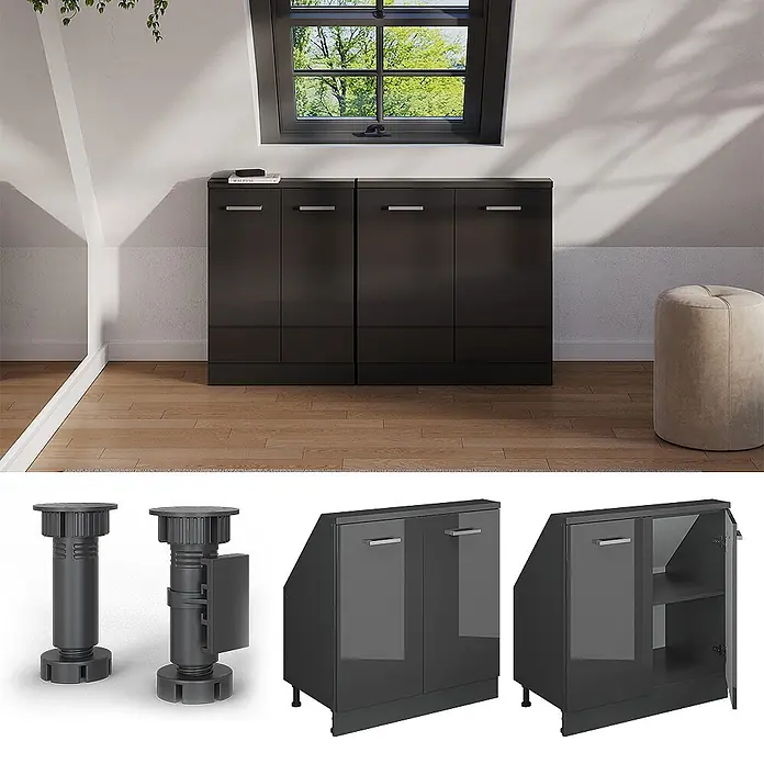 Vicco Küchenschrank für Dachschrägen R-Line, Anthrazit Hochglanz, 80 cm -  - Dunkelgraue, glänzende Stauschränke mit verstellbaren Beinen, für Dachschrägen, in einem Dachzimmer dargestellt.