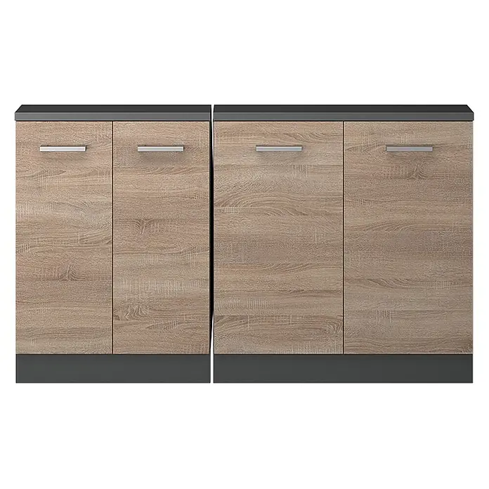 Vicco Schrankküche R-Line Sonoma 2er Set - Sonoma, Dachschrägenzeile 140cm - Zwei hellbraune Holzmaserungs-Stauschränke mit dunkelgrauen Platten, Sockeln und silbernen Griffen.
