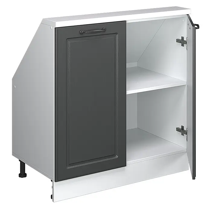 Vicco Schrankküche R-Line Anthrazit Landhaus mit 2 Türen - Anthrazit Landhaus, Dachschrägenschrank 80cm - Weißer Schräg-Unterschrank mit dunkelgrauer Tür, Griff und zwei Einlegeböden, auf verstellbaren Füßen.