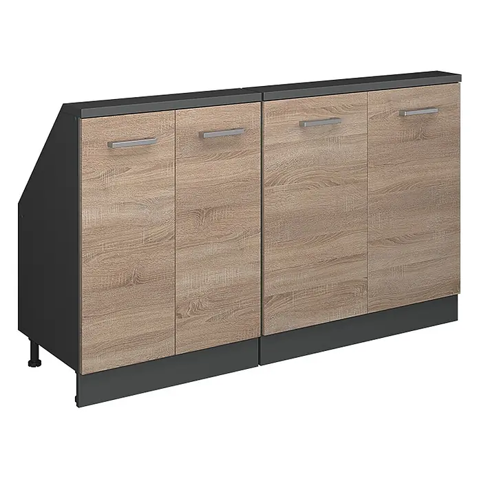 Vicco Schrankküche R-Line Sonoma 2er Set - Sonoma, Dachschrägenzeile 140cm - Zweiteiliger Schrank mit Holzmaserung und dunkelgrauem Rahmen, vier Türen; das linke Modul hat eine abgeschrägte Seite.