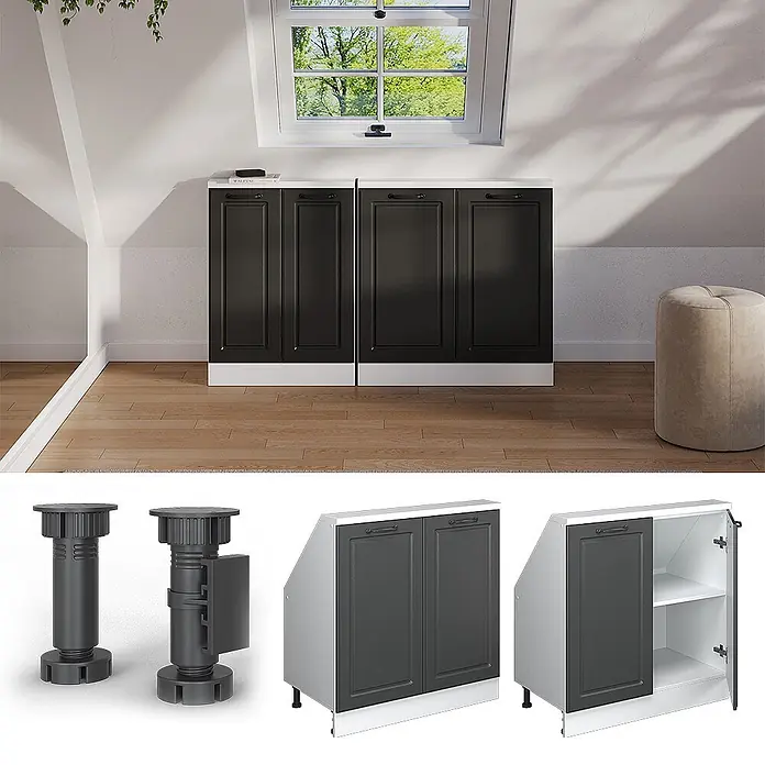 Vicco Schrankküche R-Line Anthrazit Landhaus mit 2 Türen - Anthrazit Landhaus, Dachschrägenschrank 80cm - Dunkelgraue Dachschrägenschränke mit weißen Platten und Sockel, mit verstellbaren Füßen und Regalböden.