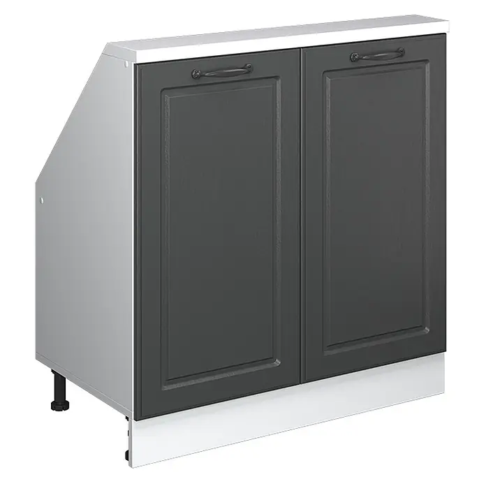 Vicco Schrankküche R-Line Anthrazit Landhaus mit 2 Türen - Anthrazit Landhaus, Dachschrägenschrank 80cm - Dunkelgrauer Küchenunterschrank mit abgeschrägter Seite, zwei Kassettentüren und weißer Arbeitsplatte.